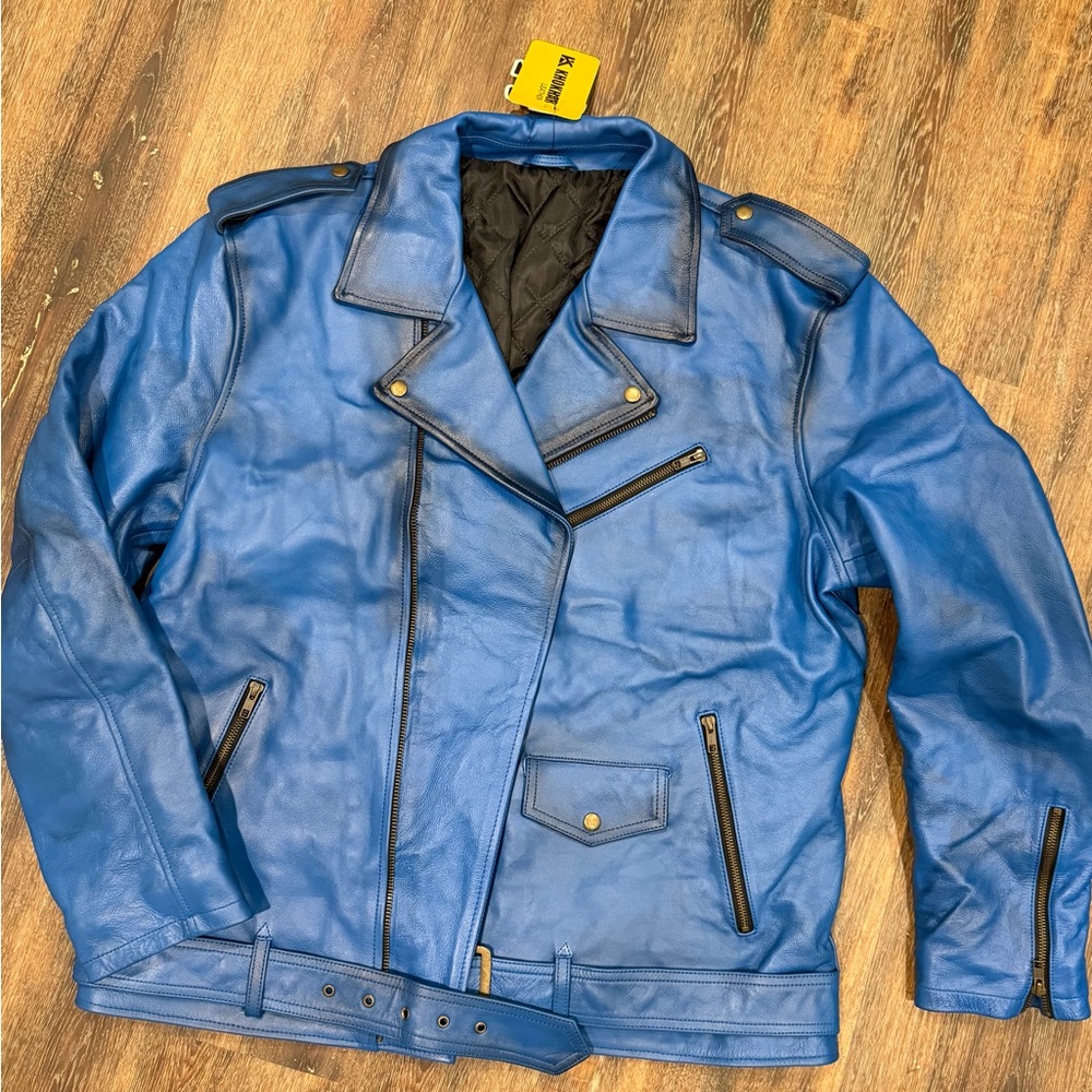 Men's Blue Leather Bomber Jacket